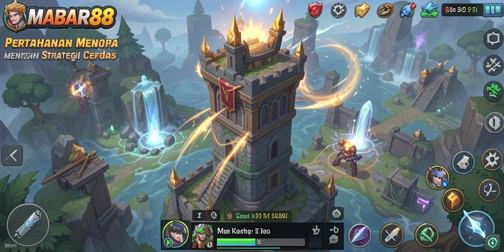 Screenshot gameplay MABAR88 dengan menara yang mempertahankan gelombang musuh.
