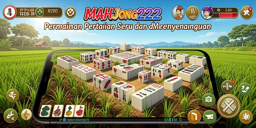 Tampilan gameplay MAHJONG222 dengan pertanian yang subur dan hewan lucu.