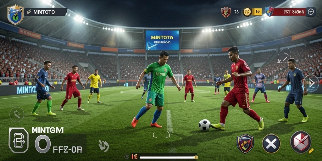 Tampilan gameplay seru dalam MINTOTO yang menampilkan aksi sepak bola dinamis.