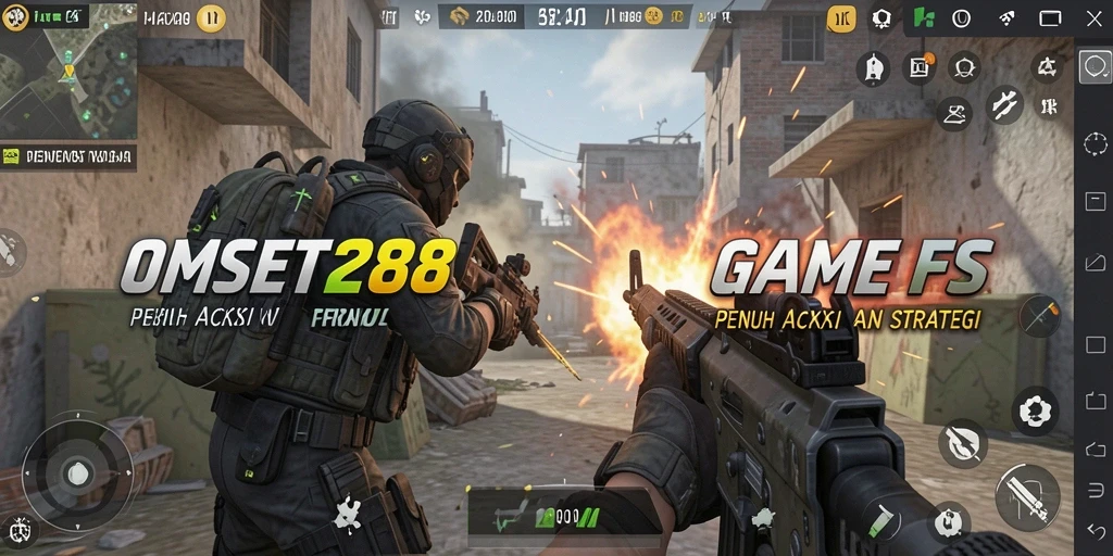 Tangkapan layar utama OMSET288 menampilkan aksi intense dalam gameplay FPS.