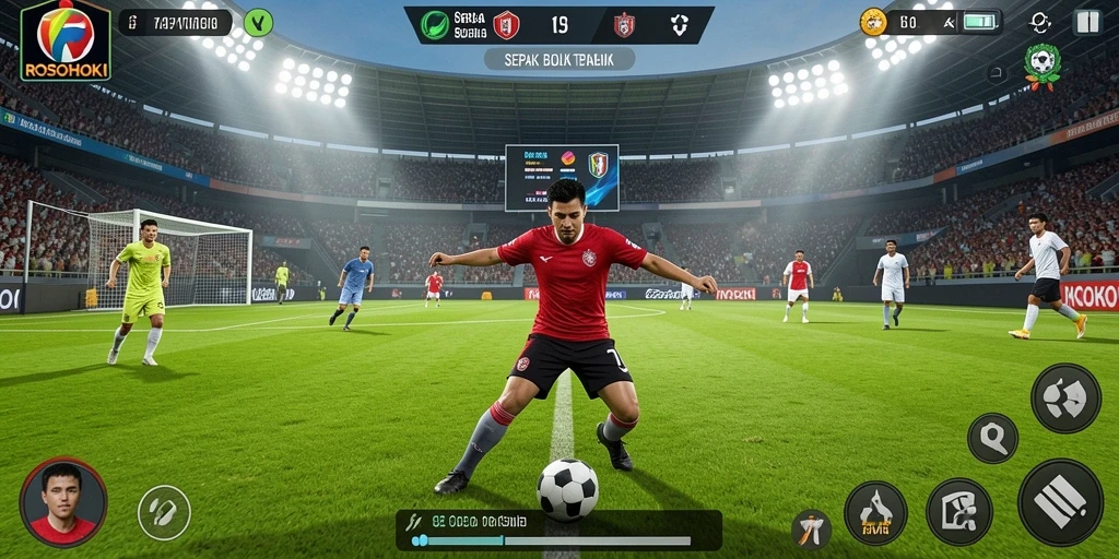 Tangkapan layar dari gameplay <strong>ROSOHOKI</strong> menampilkan aksi sepak bola yang mendebarkan.