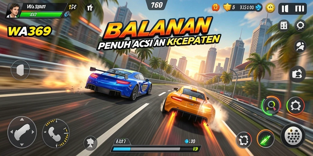 Screenshot menampilkan balapan seru dengan mobil melaju kencang di trek.